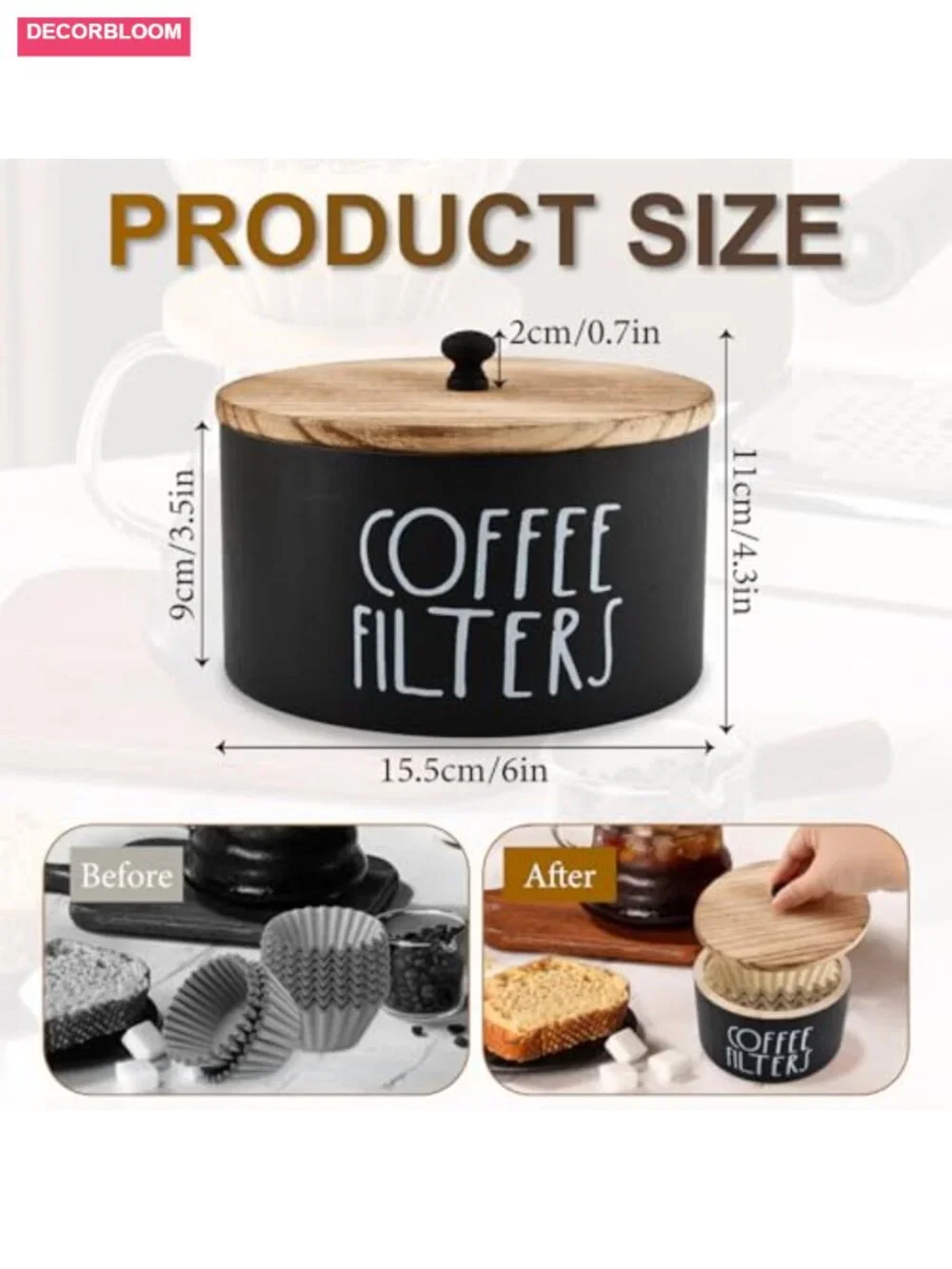 Wooden Coffee Filter Storage Holder Large Counter Dispenser with Bamboo Lid